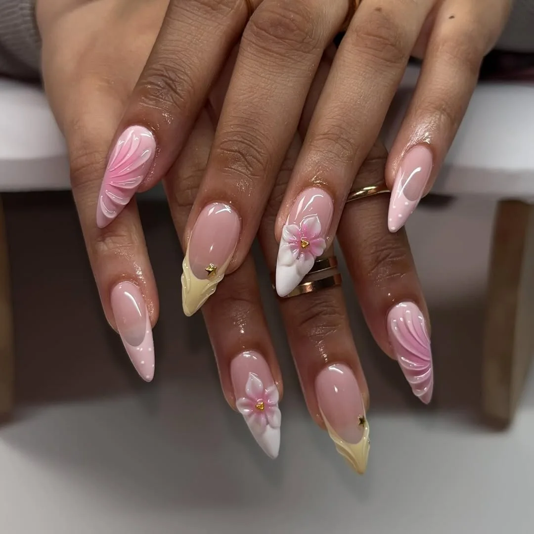 summer dip nails 2026 Blush Stiletto Florals With Sculpted Petal Drama