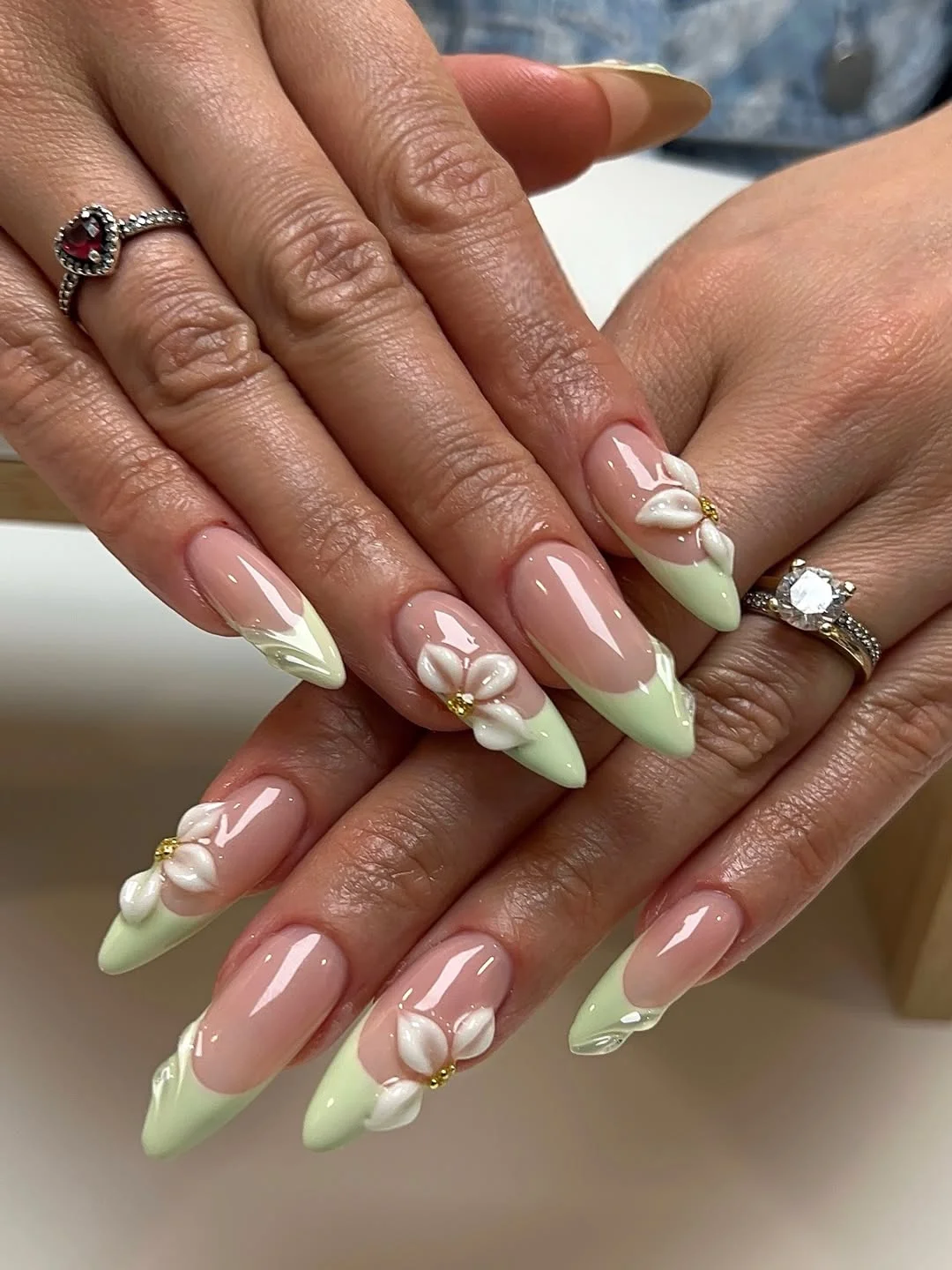 summer dip nails 2026 Mint French Tips With 3D Petal Details