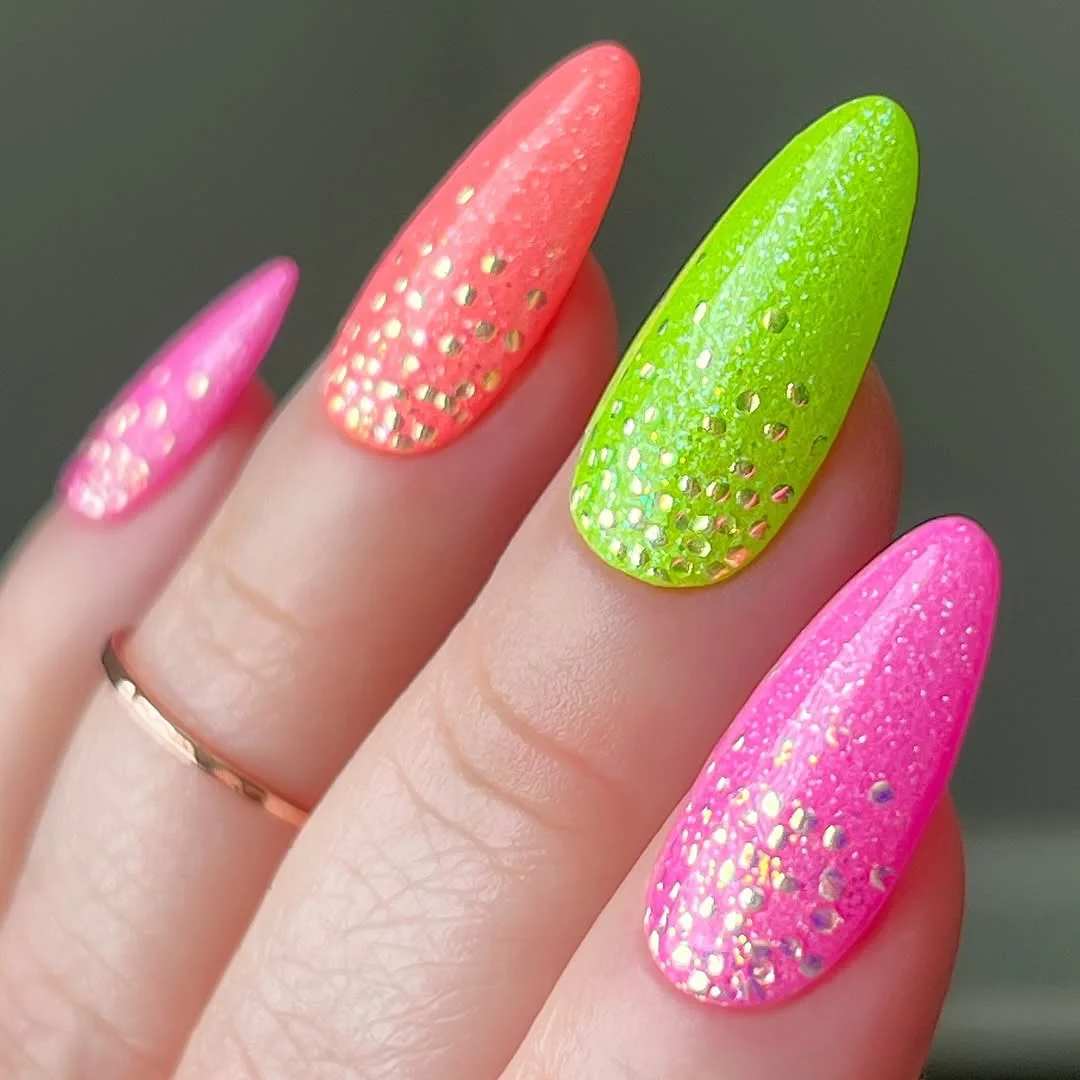 summer dip nails 2026 Neon Glitter Almonds That Glow After Sunset