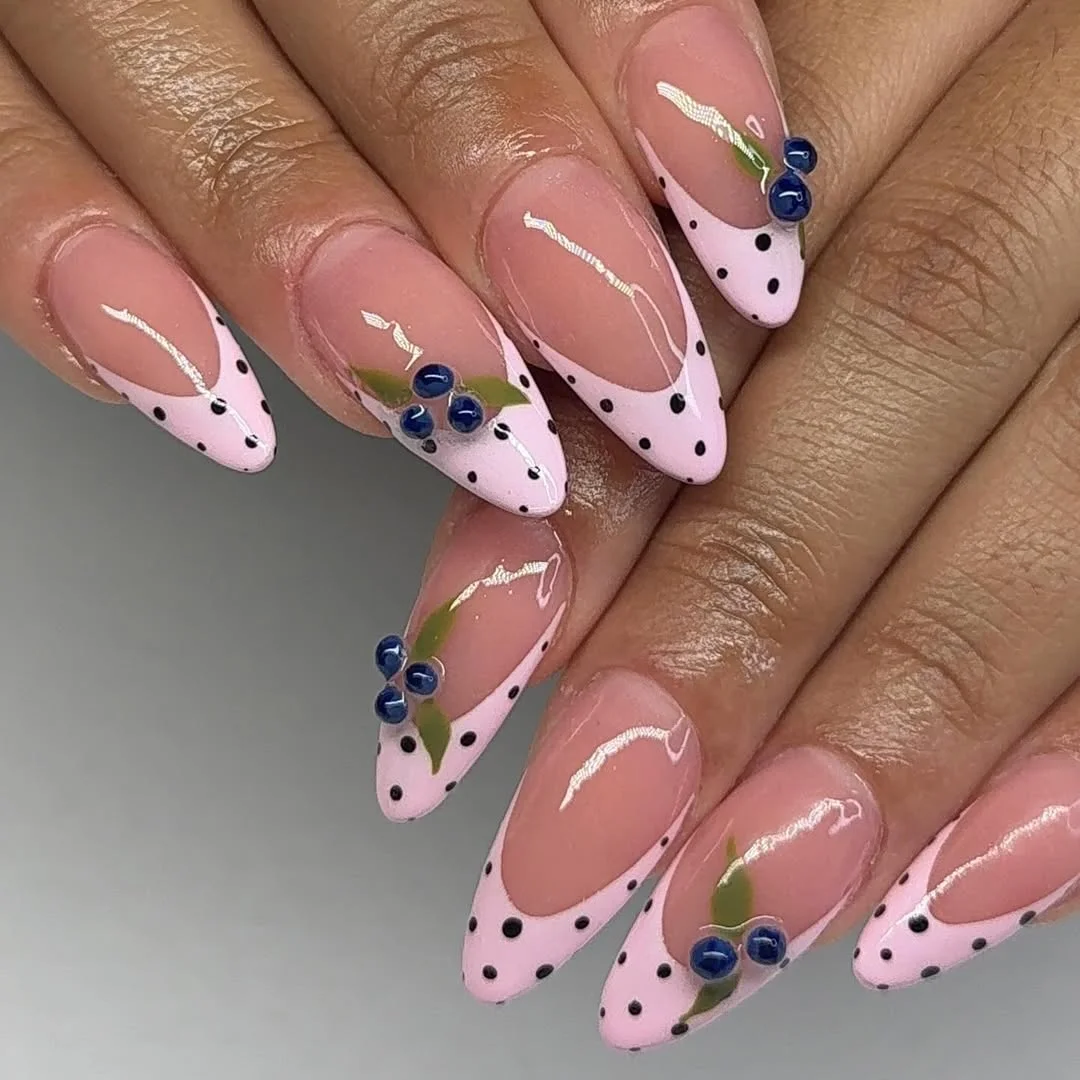 summer dip nails 2026 Pink Polka Dot French With Blueberry Details