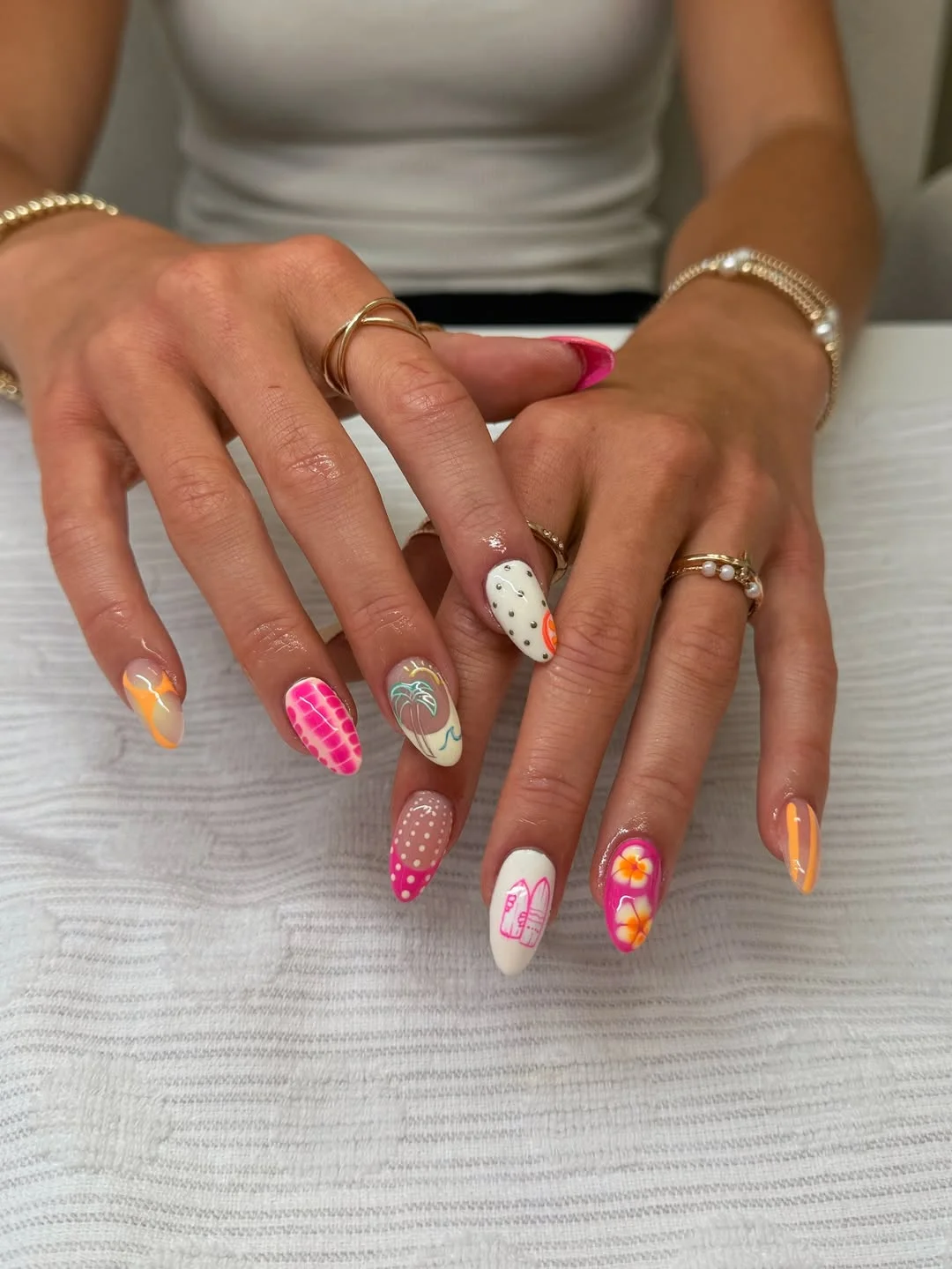 summer dip nails 2026 Tropical Vacation Mix With Pink And Orange Accents