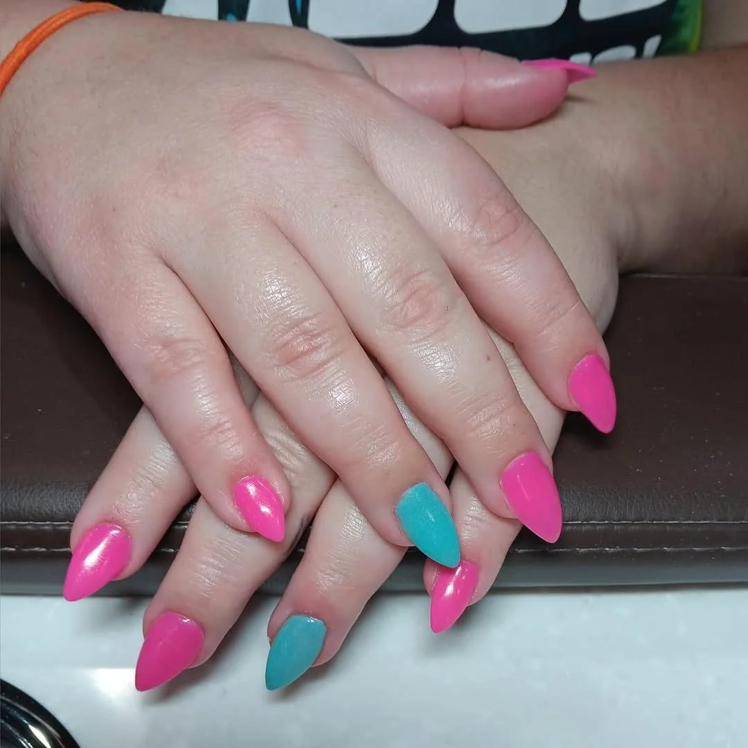 summer dip nails 2026 Pink And Turquoise Almond Nails For Hot Days