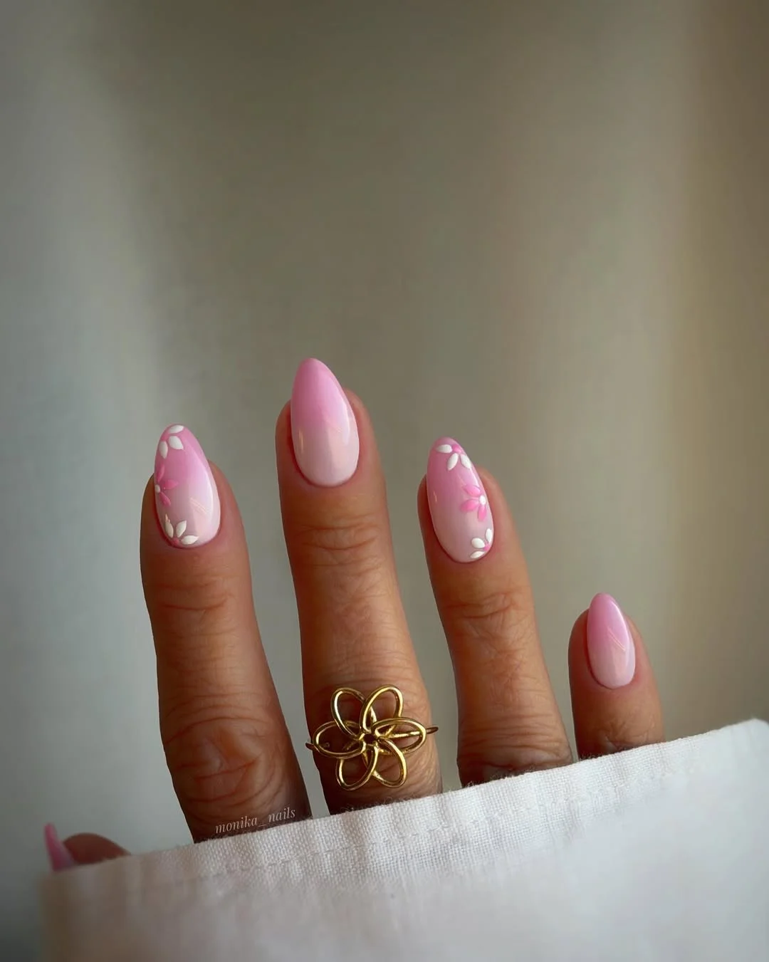 summer dip nails 2026 Soft Pink Almond Nails With Tiny Petal Details
