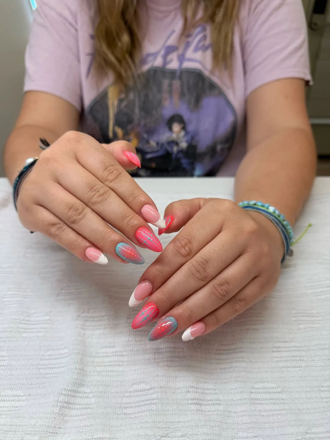 summer dip nails 2026 Pink French Tips With Dotted Summer Detail