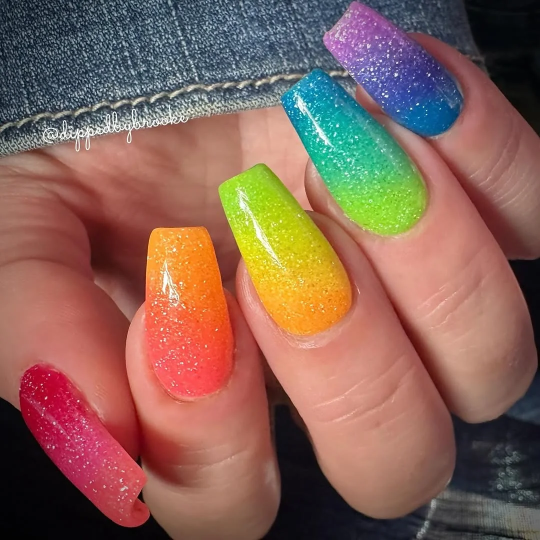 summer dip nails 2026 Glitter Rainbow Coffin Nails For Full Summer Drama