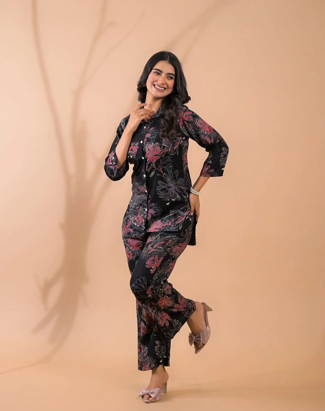 20 summer fashion outfits for women 2026 Dark Floral Co-Ord With Soft Evening Drama