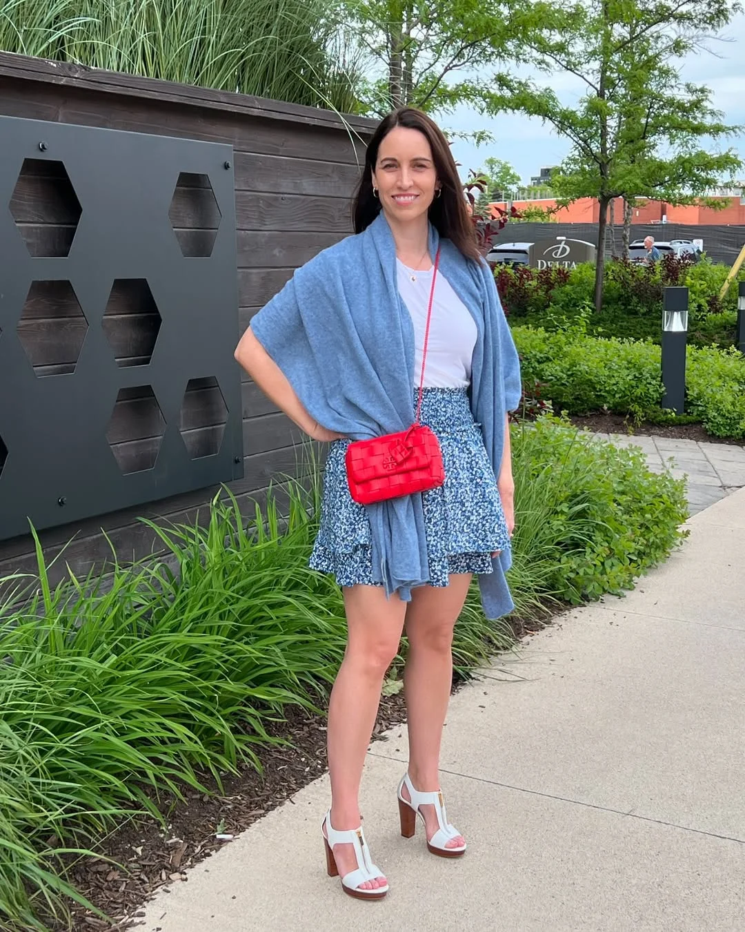 20 summer fashion outfits for women 2026 Blue Wrap Layer With A Floral Mini Skirt