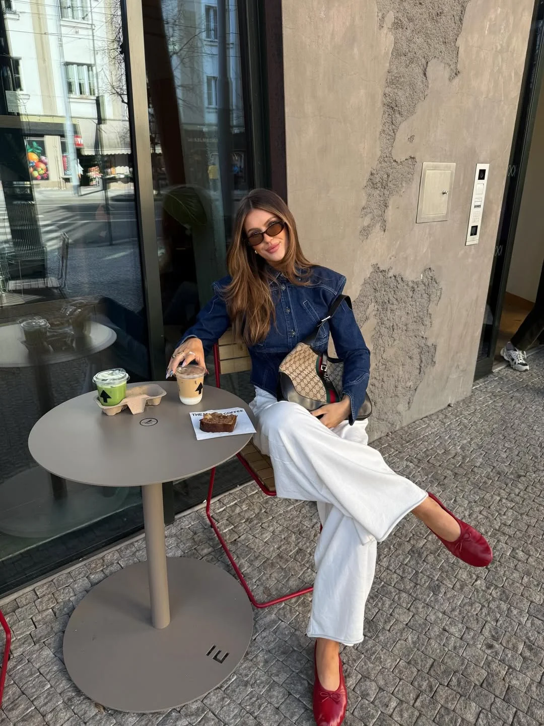 20 summer fashion outfits for women 2026 Denim Shirt And White Pants With Red Ballet Flats