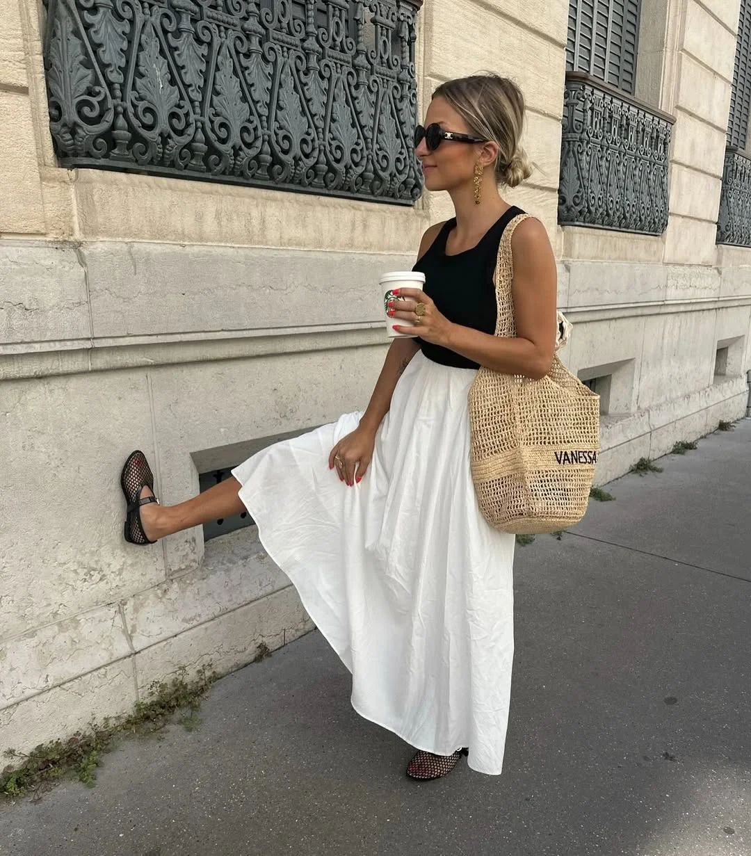 20 summer fashion outfits for women 2026 Black Tank And White Midi Skirt With City-Girl Polish