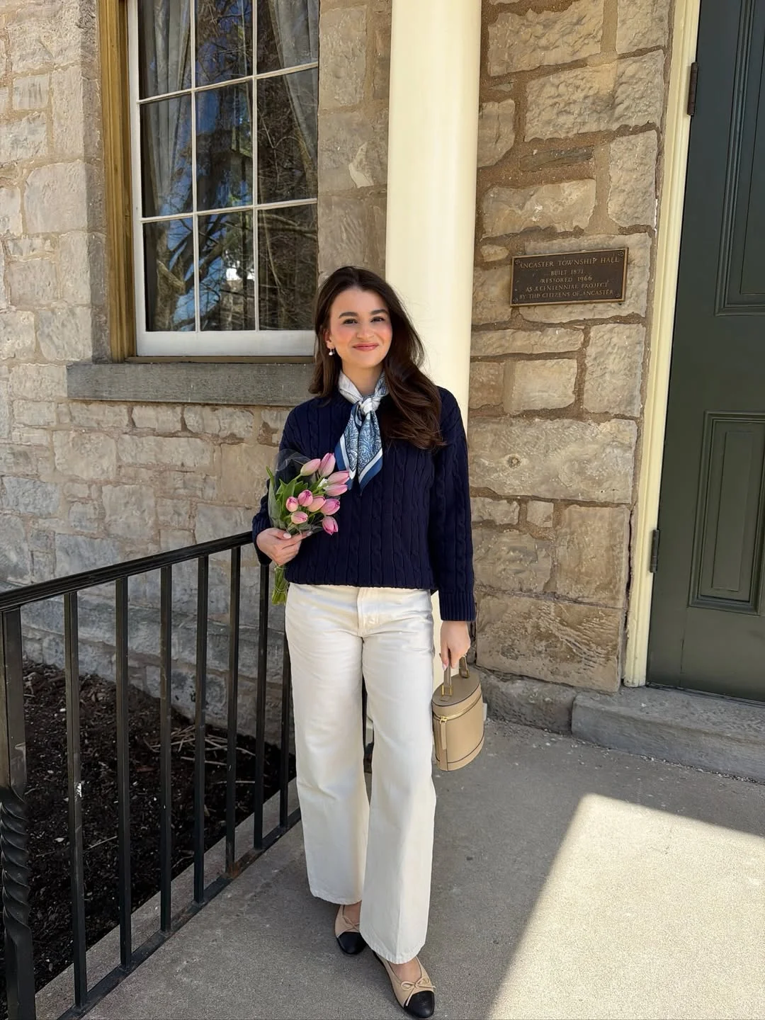 20 summer fashion outfits for women 2026 Navy Knit And White Denim With A Silk Scarf Twist