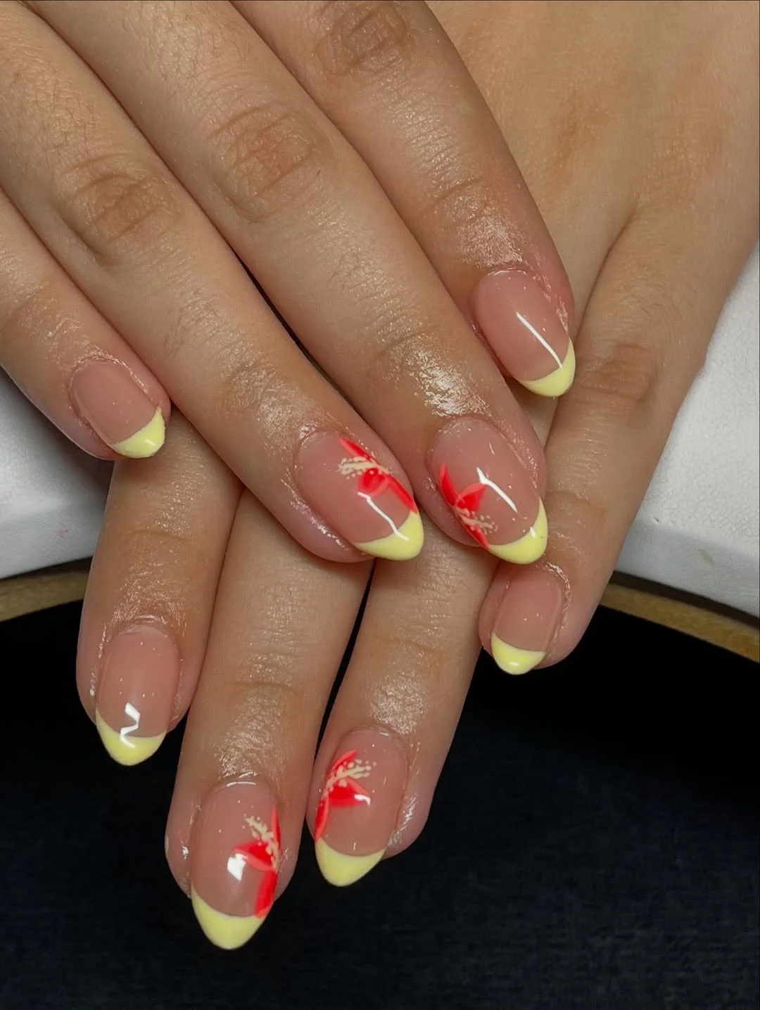 summer flower nails 2026 Lemon French Tips With Red Floral Accents