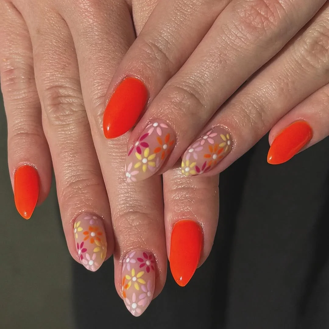 summer flower nails 2026 Neon Orange Floral Almond Nails