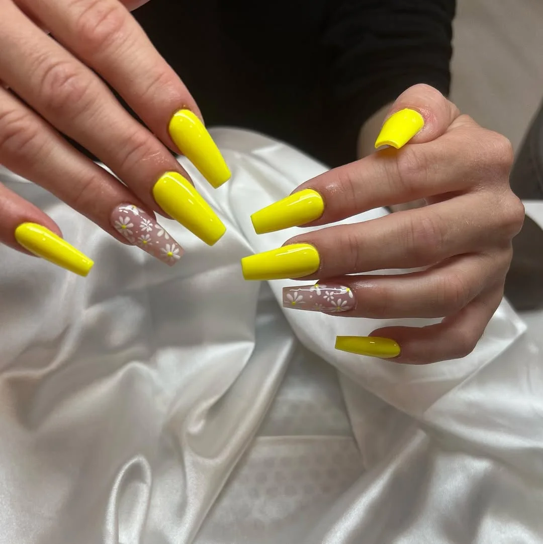 summer flower nails 2026 Sunshine Yellow Long Nails With Delicate Daisy Art