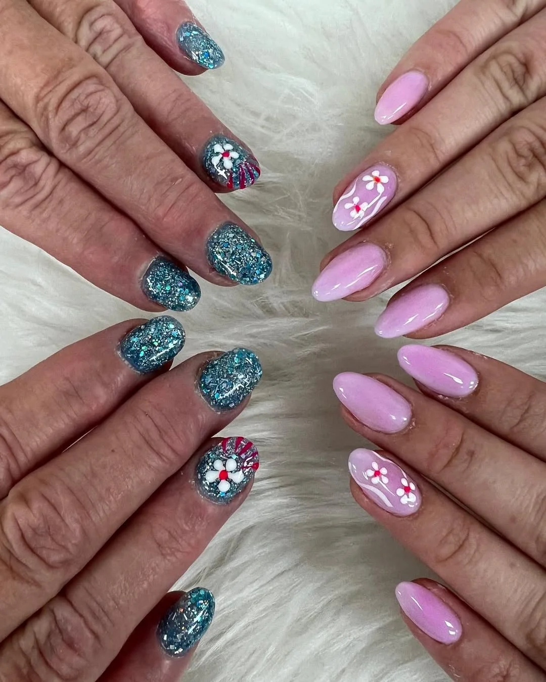 summer flower nails 2026 Glitter Blue and Soft Pink Floral Contrast Nails