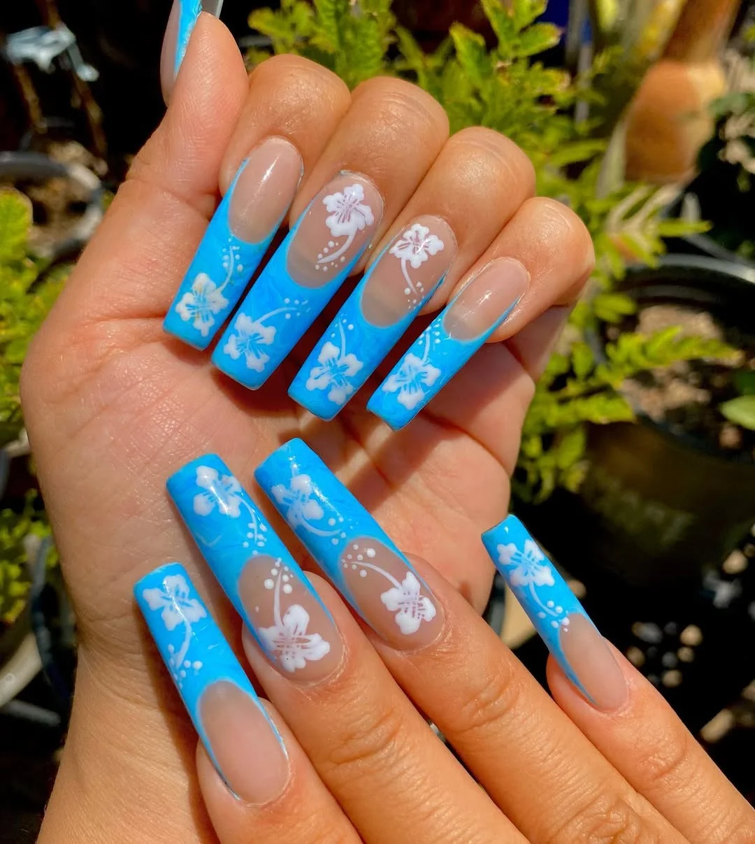 summer flower nails 2026 Sky Blue Floral French Tips With Long Square Shape