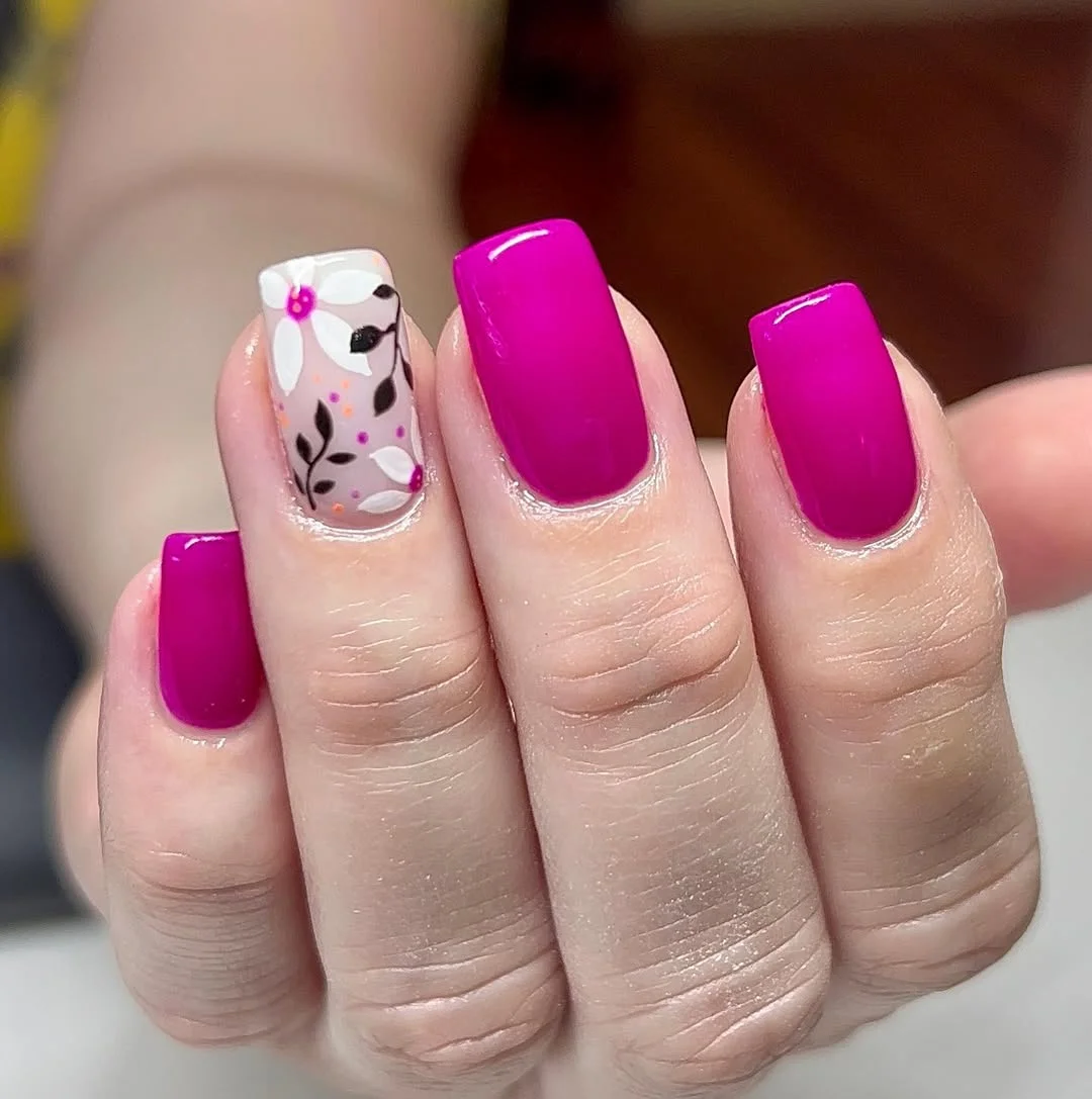 summer flower nails 2026 Bright Magenta Nails With a Minimal Floral Accent