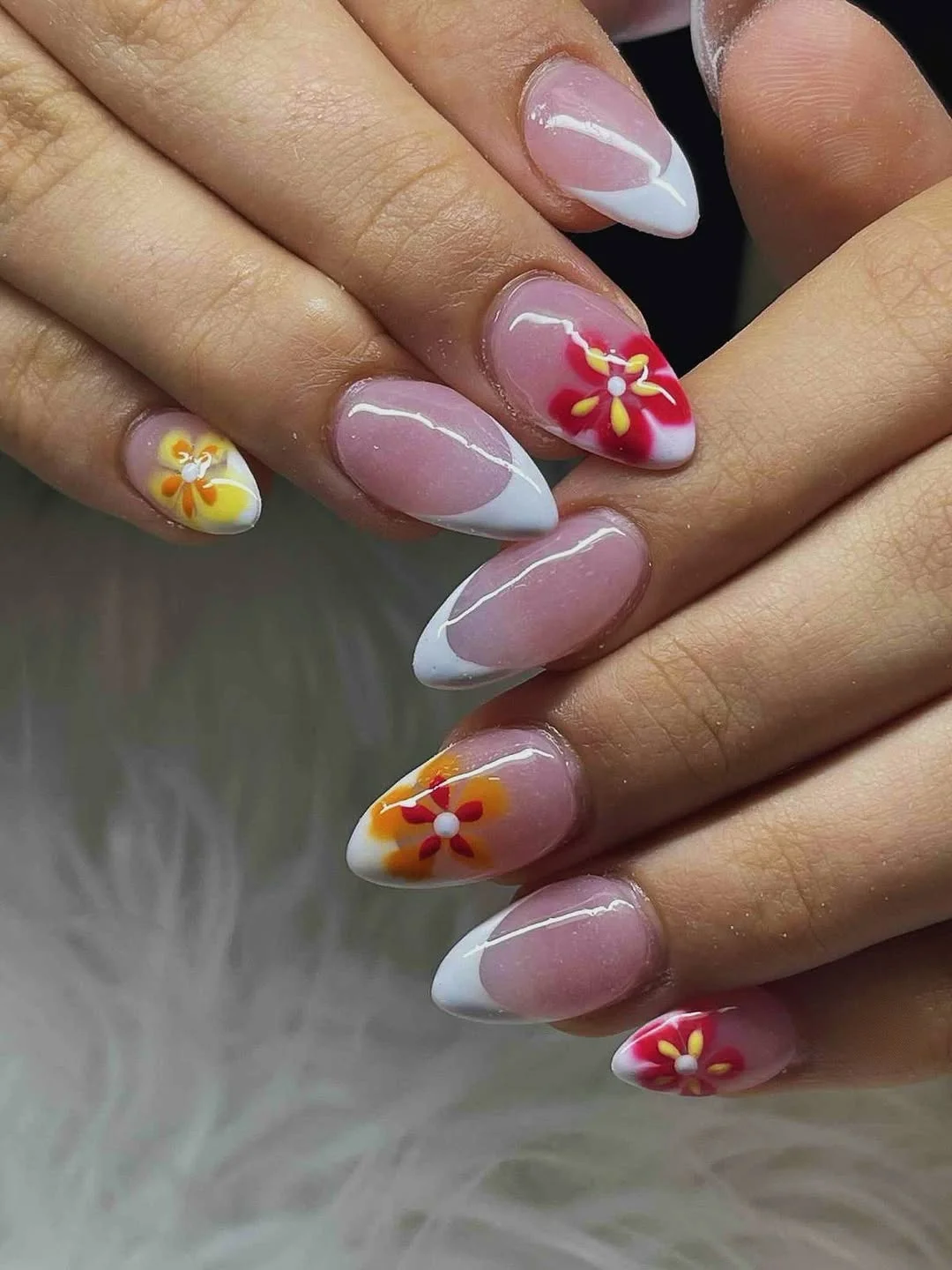 summer flower nails 2026 Soft Pink Almond French With Bright Floral Accents