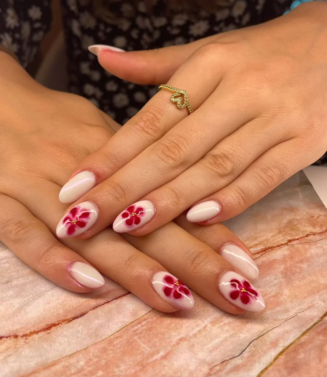 summer flower nails 2026 Milky White Nails With Berry Flower Accents