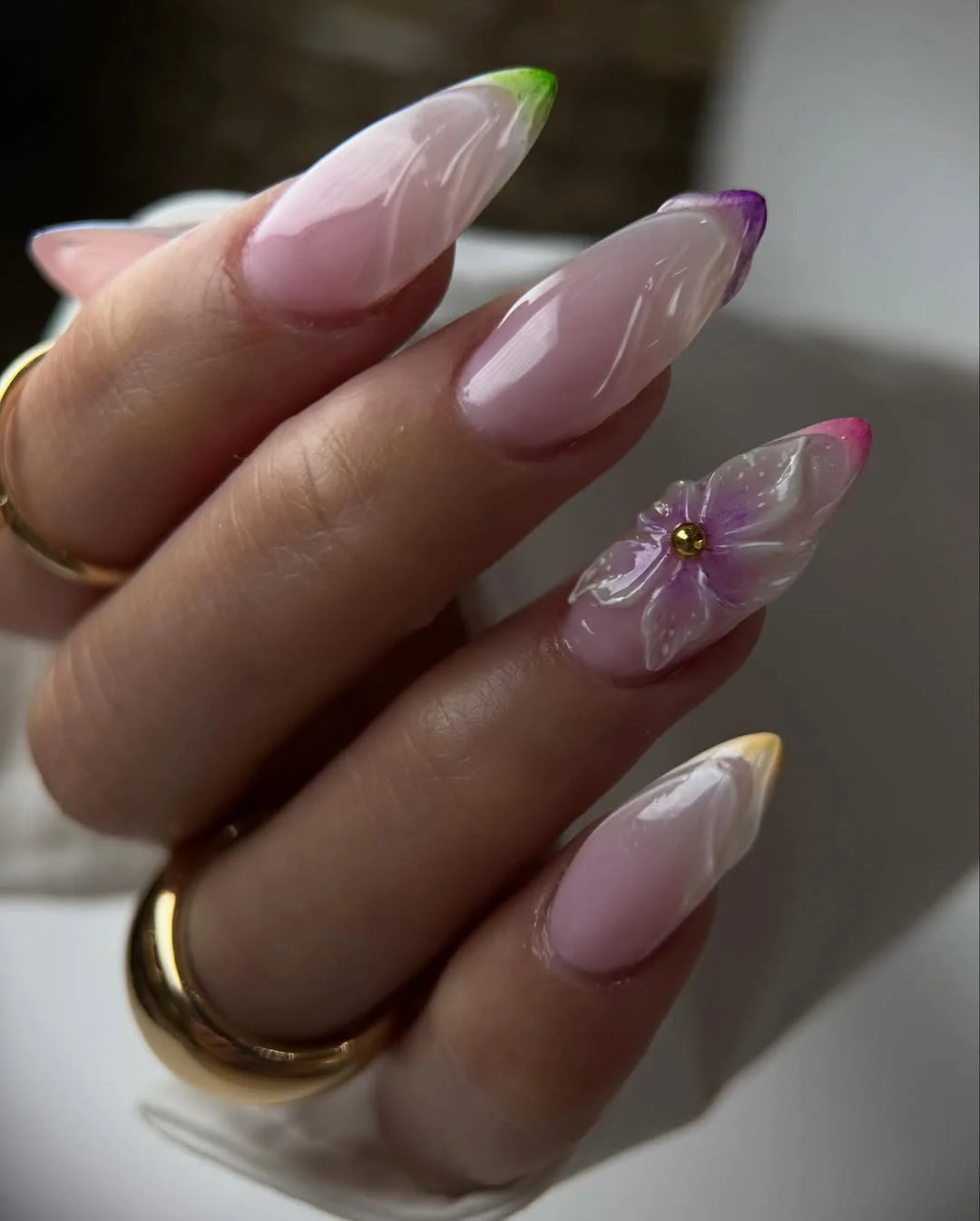 summer flower nails 2026 Clear Almond Tips With 3D Purple Flower Art