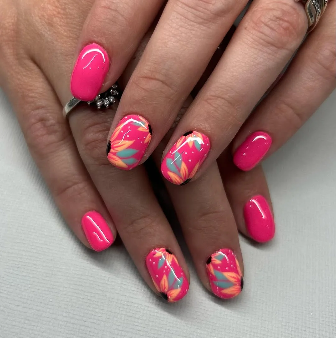 summer flower nails 2026 Hot Pink Tropical Flower Nails
