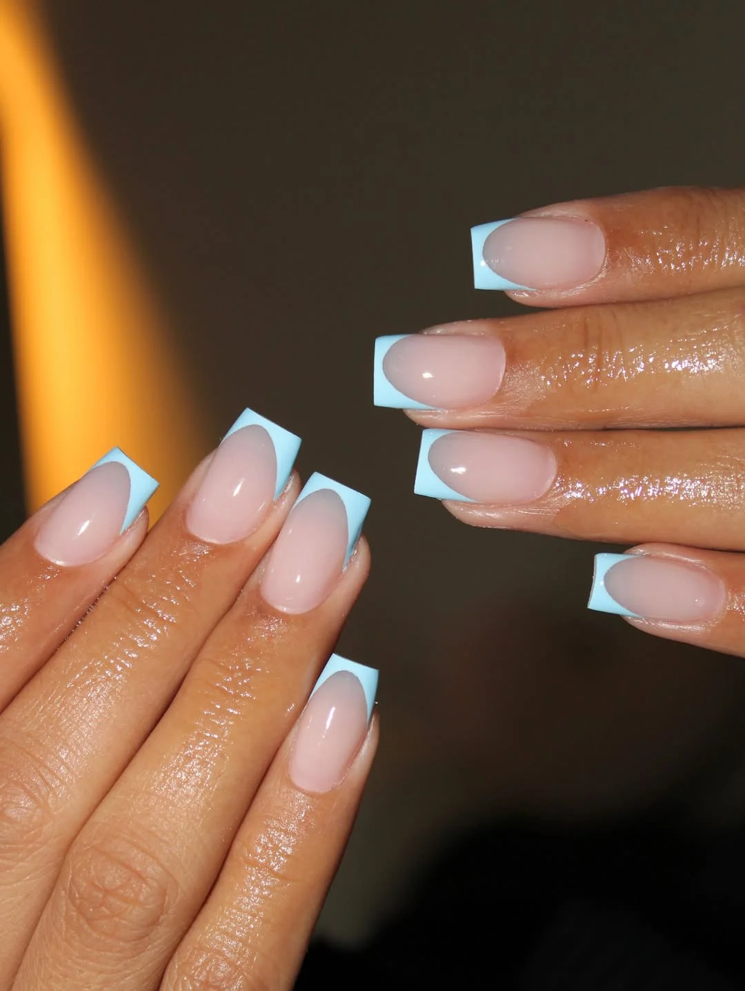 summer french nails ideas 2026 Blue Square French Nails With Poolside Energy