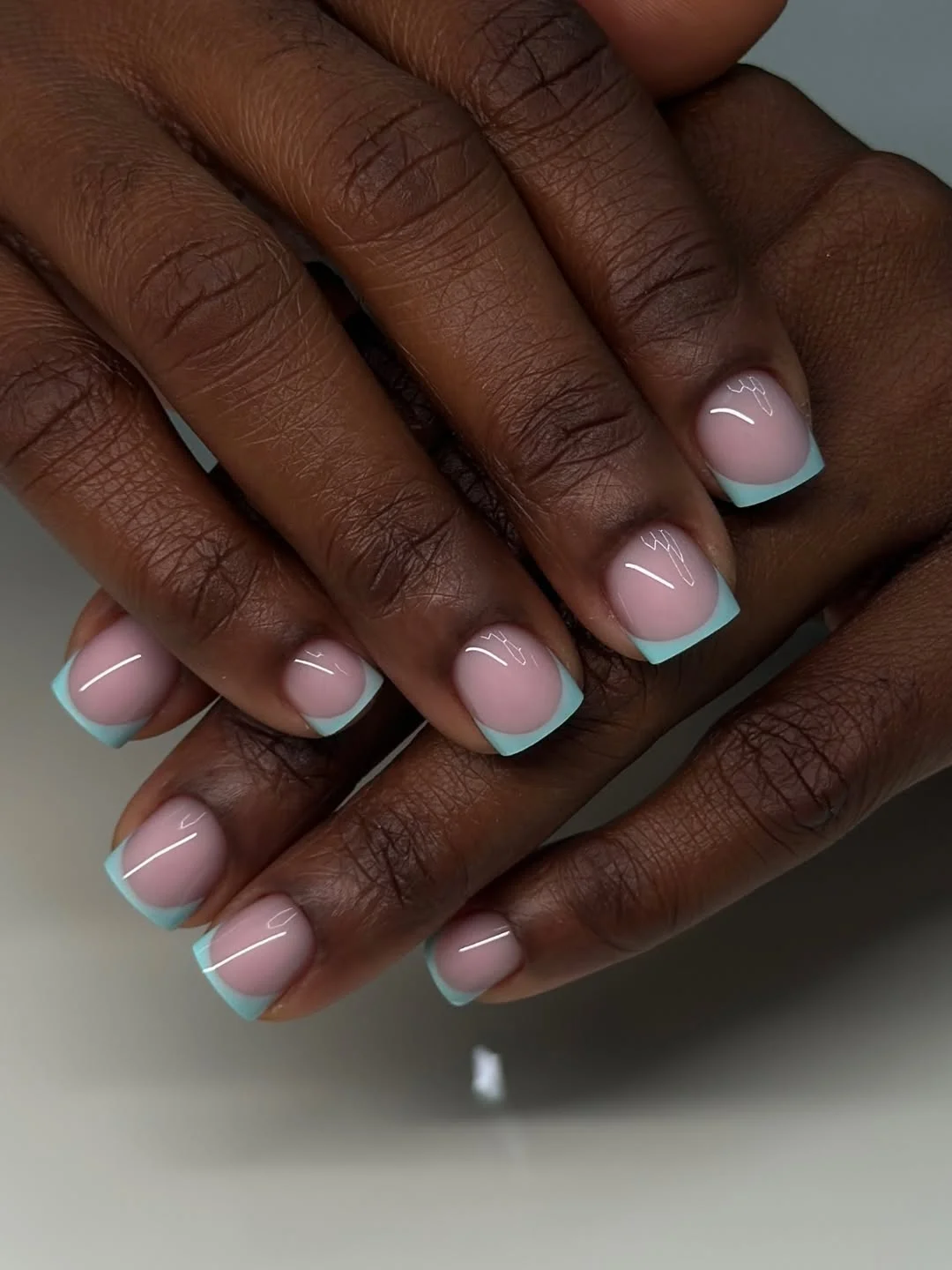 summer french nails ideas 2026 Aqua Square French With A Glossy Pink Base