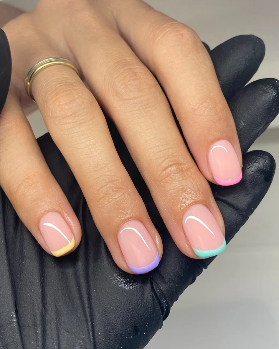 summer french tip nails 2026 Pastel Skittle French Tips On Short Square Nails