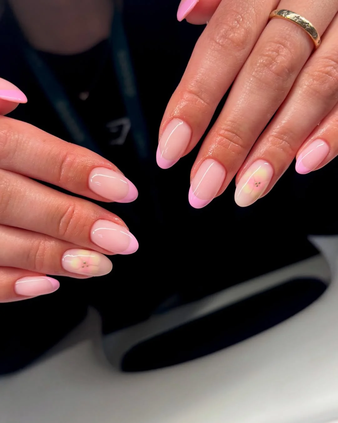 summer french tip nails 2026 Baby Pink French Tips With Tiny Floral Accents