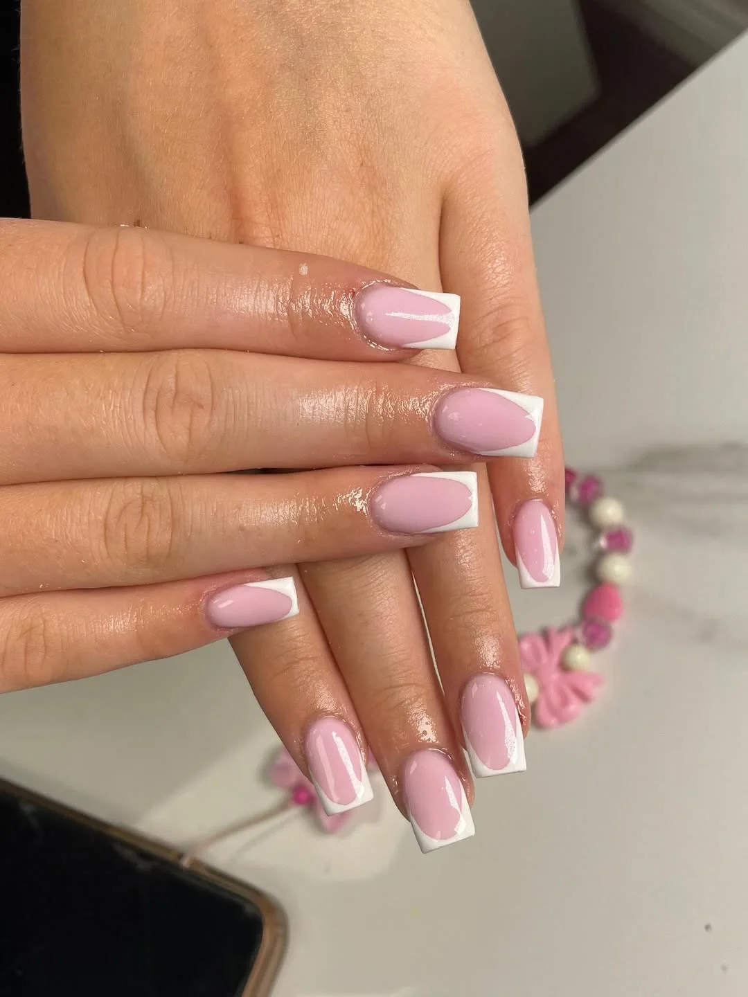 summer french tip nails 2026 Glossy Pink And White Square French Tips