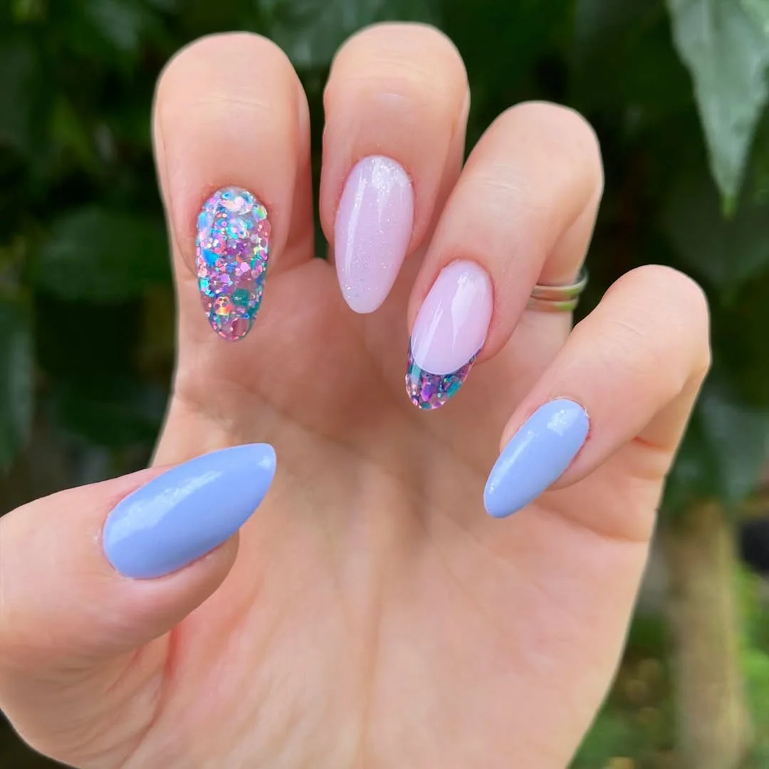 summer gel nails 2026 Sheer Floral Gel Nails With Pink And Blue Petals