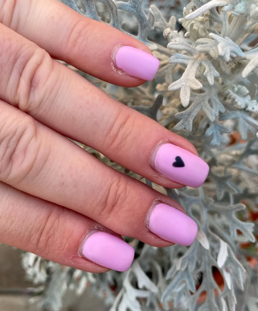 summer gel nails 2026 Matte Lilac Short Nails With A Tiny Heart Detail