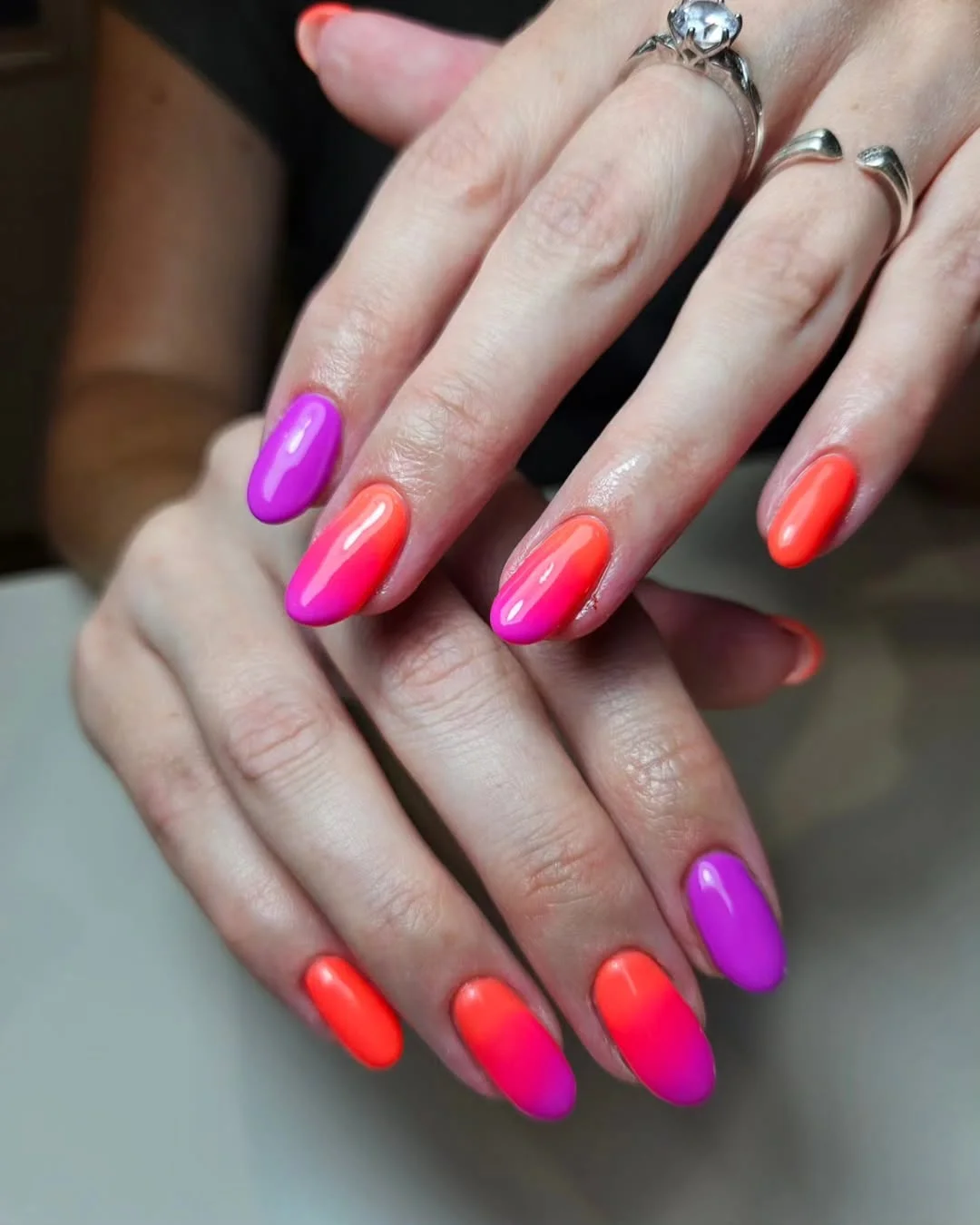 summer gel nails 2026 Neon Sunset Ombre Gel Nails In Pink Orange And Violet