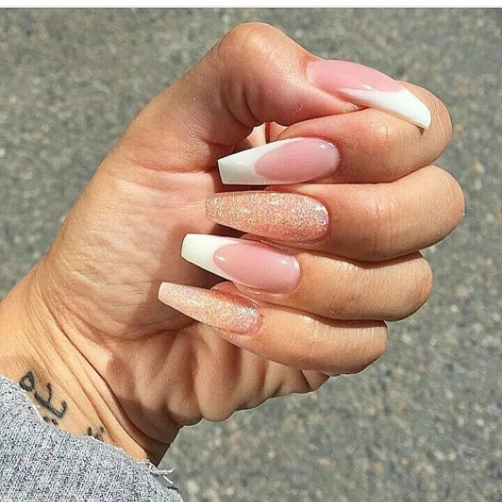 summer gel nails 2026 White French Coffin Nails With Champagne Glitter Accents