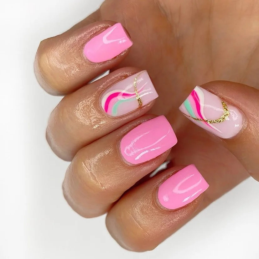 summer gel nails 2026 Bubblegum Pink Gel Nails With Rainbow Accent Curves
