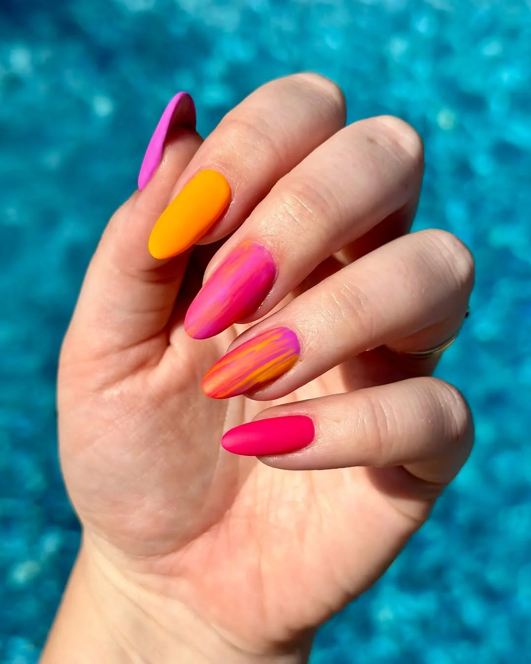 summer gel nails 2026 Matte Sunset Almond Nails With Neon Summer Heat