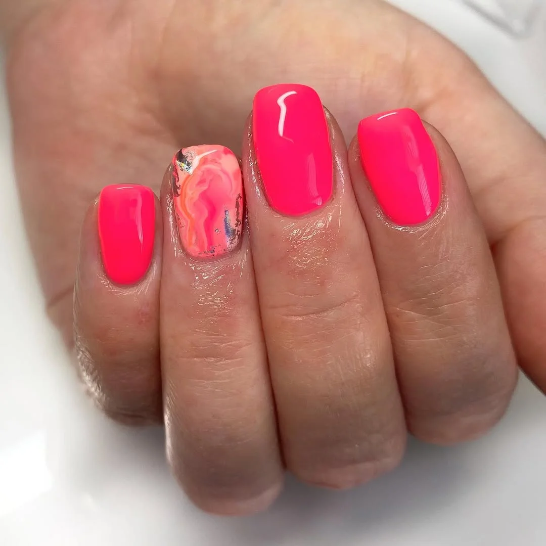 summer gel nails 2026 Hot Pink Short Gel Nails With A Marbled Accent