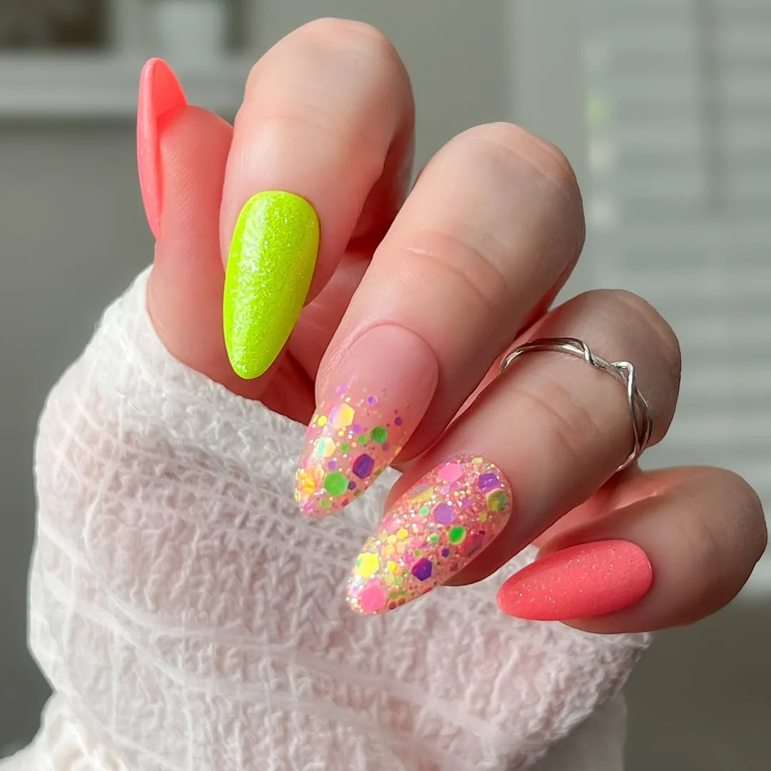 summer glitter nails 2026 Neon Lime And Coral Glitter Party Nails