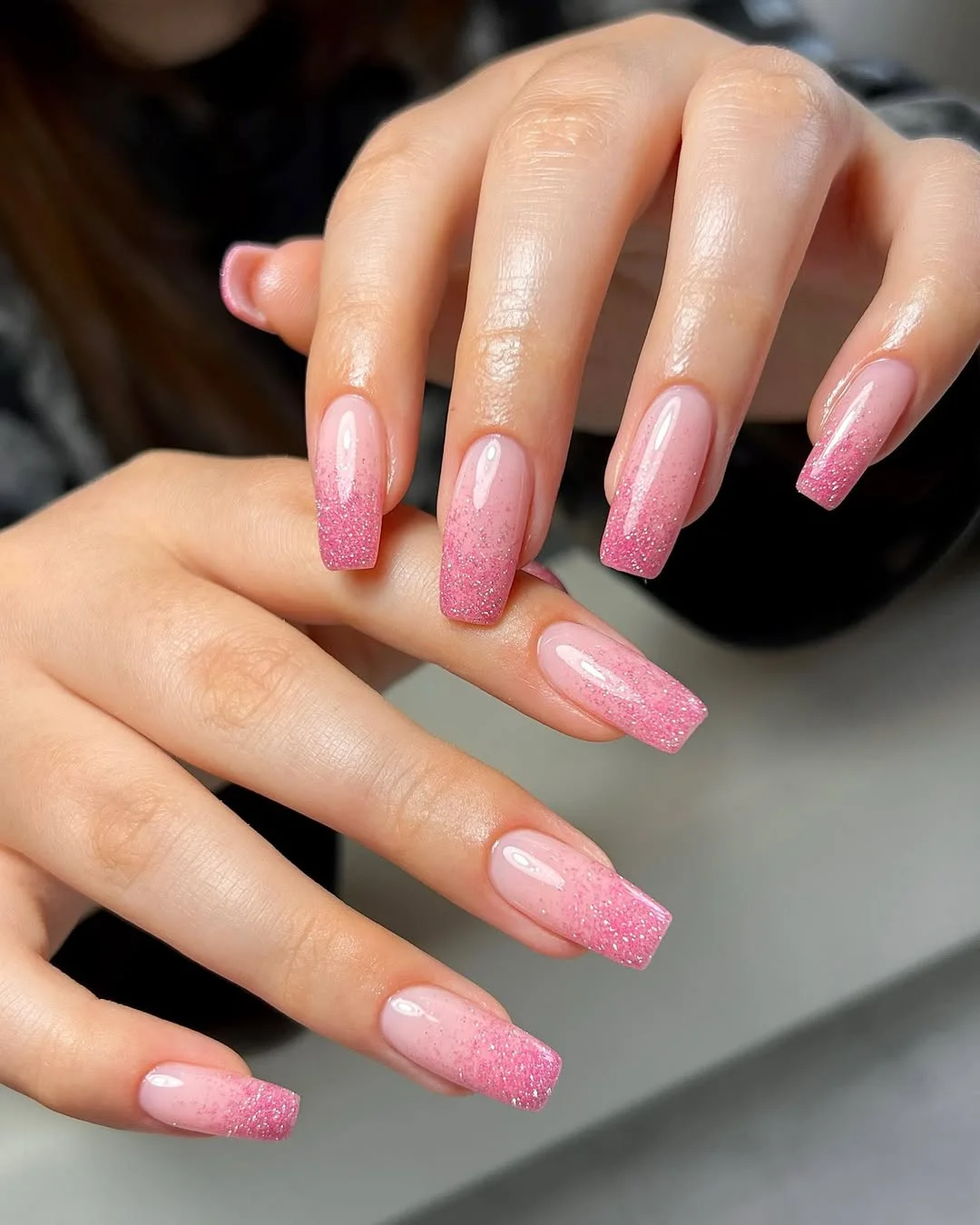 summer glitter nails 2026 Pink Glitter Ombre Square Nails
