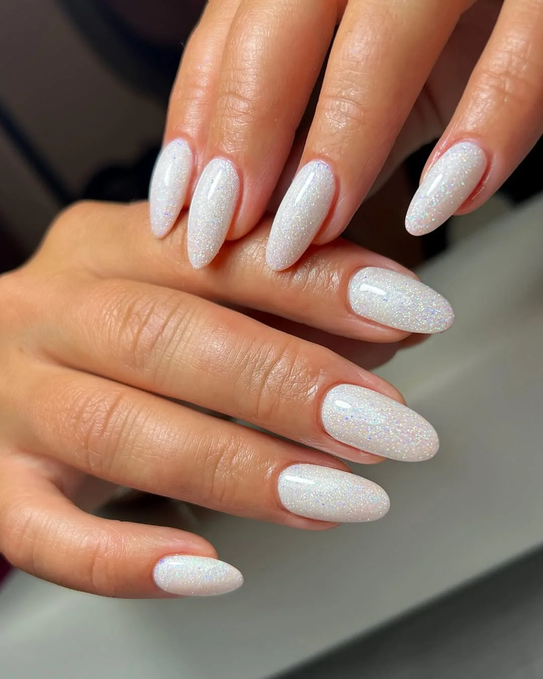 summer glitter nails 2026 White Holographic Almond Glitter Nails