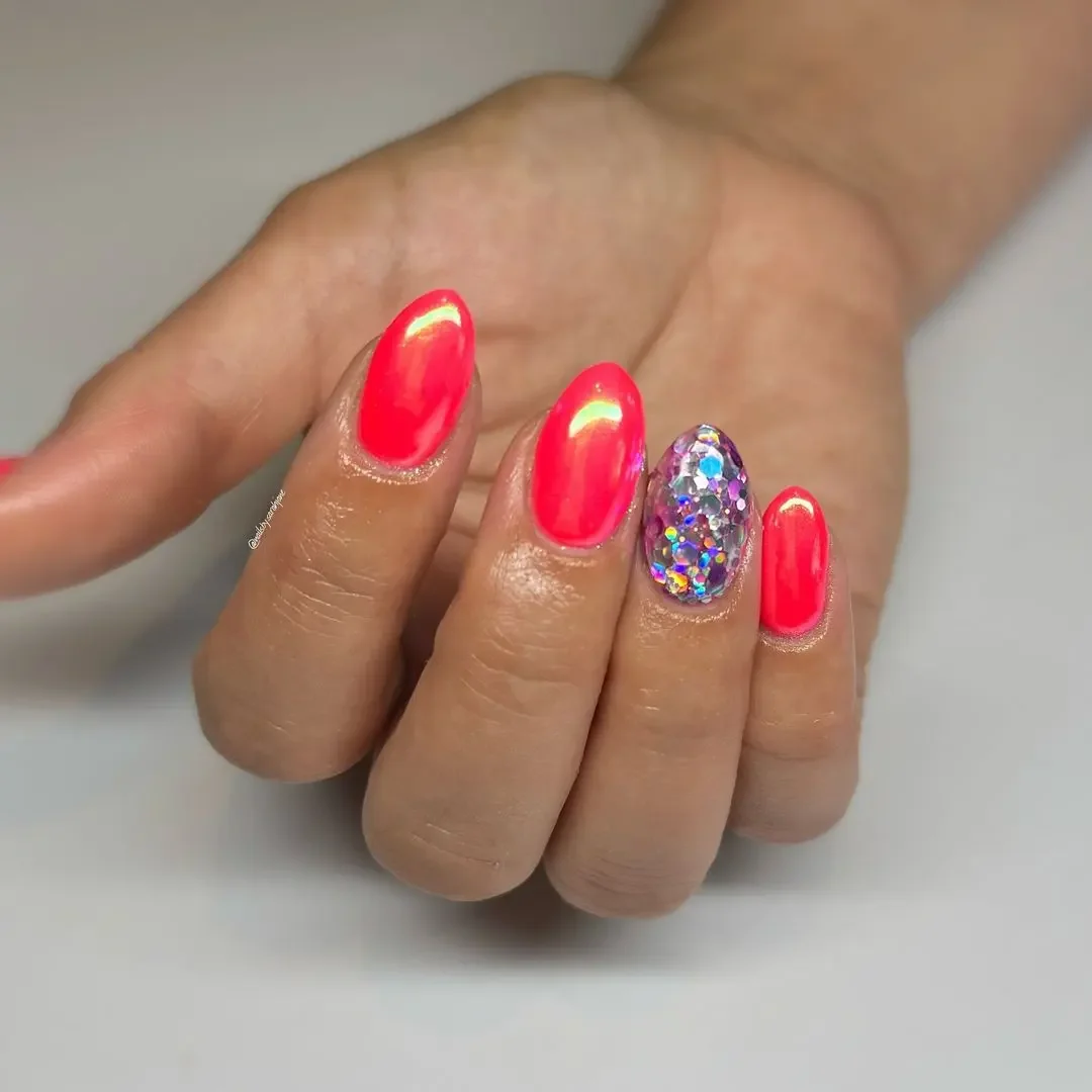 summer glitter nails 2026 Hot Pink Nails With Chunky Glitter Accent