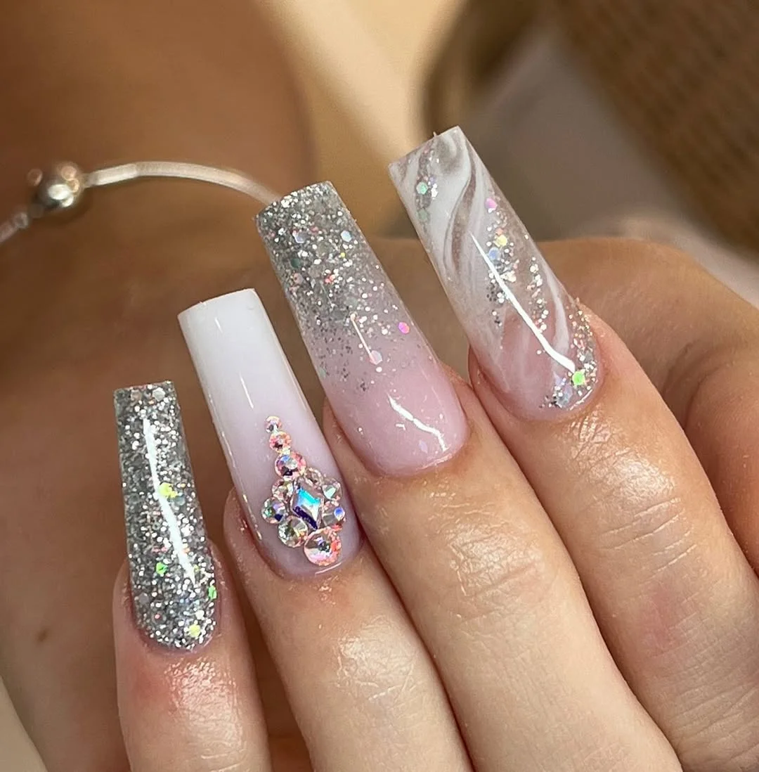 summer glitter nails 2026 Silver Glitter Marble Coffin Nails