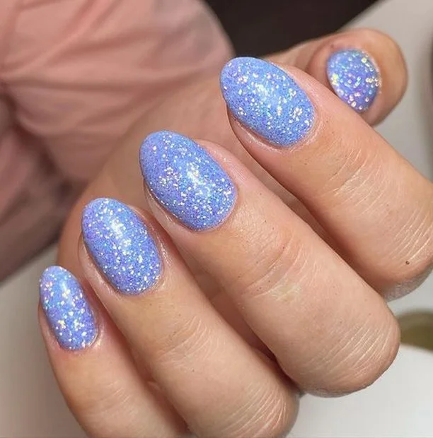 summer glitter nails 2026 Periwinkle Blue Glitter Short Nails