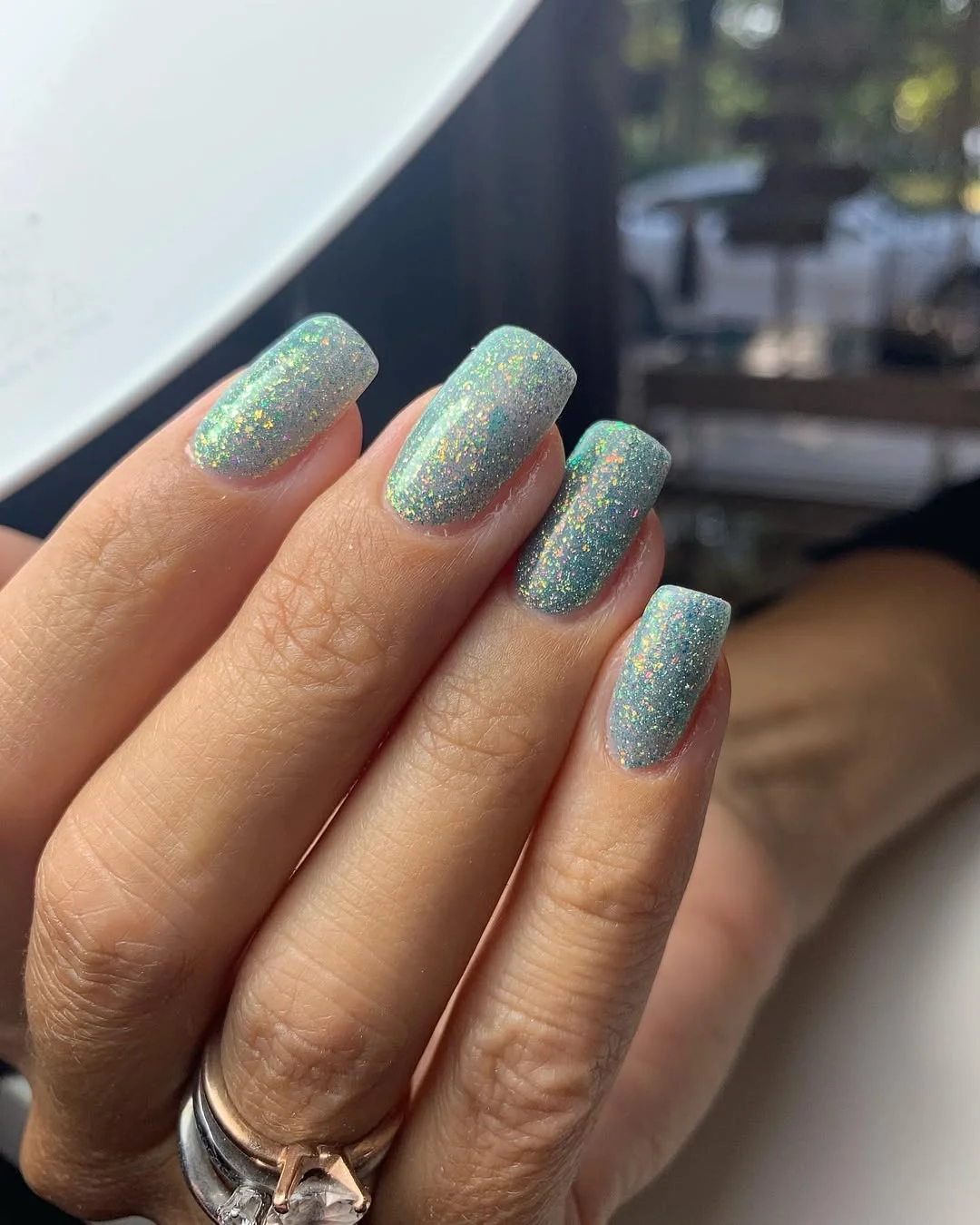 summer glitter nails 2026 Soft Blue Holographic Glitter Square Nails
