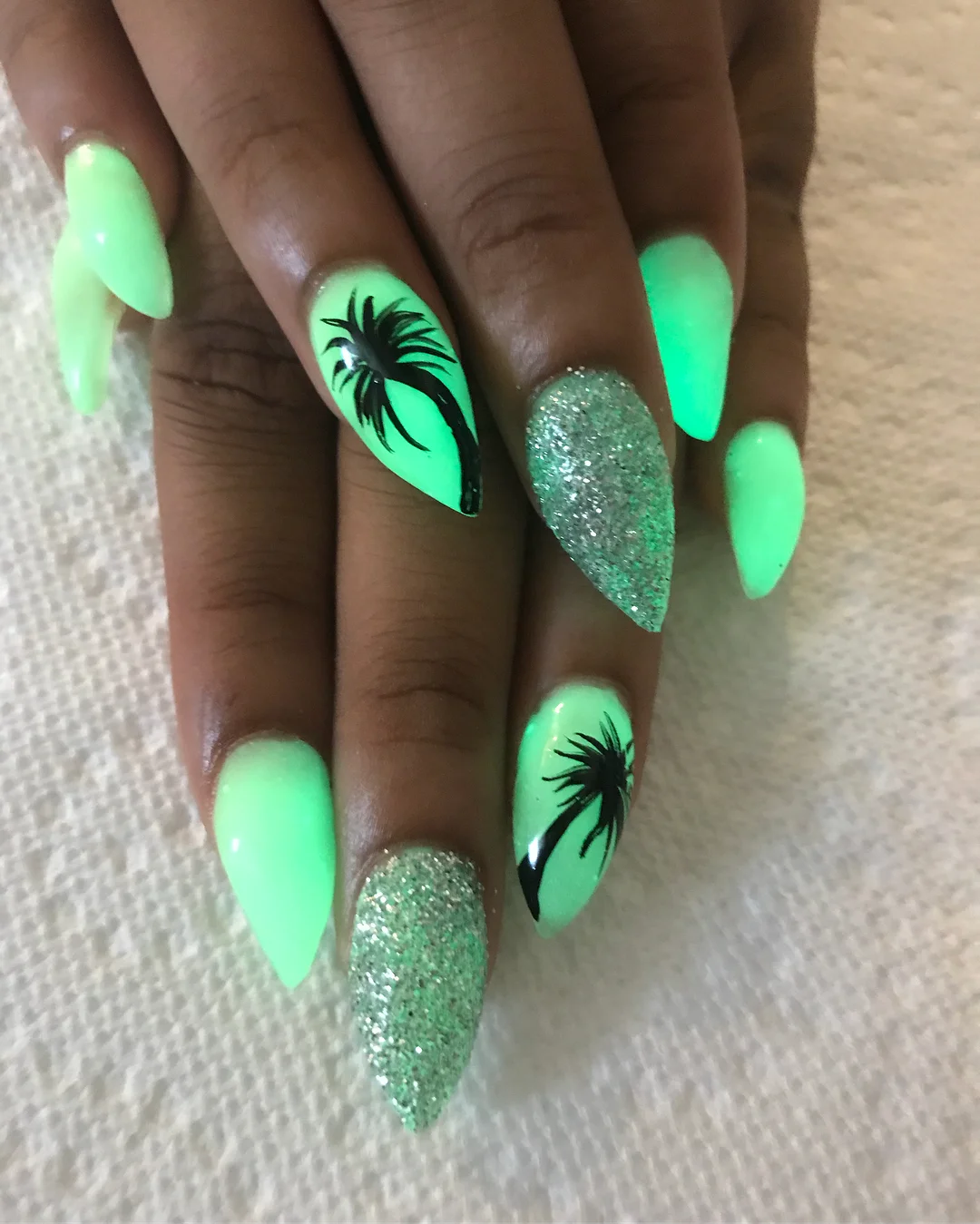 summer glitter nails 2026 Mint Green Palm Art With Silver Glitter Accents