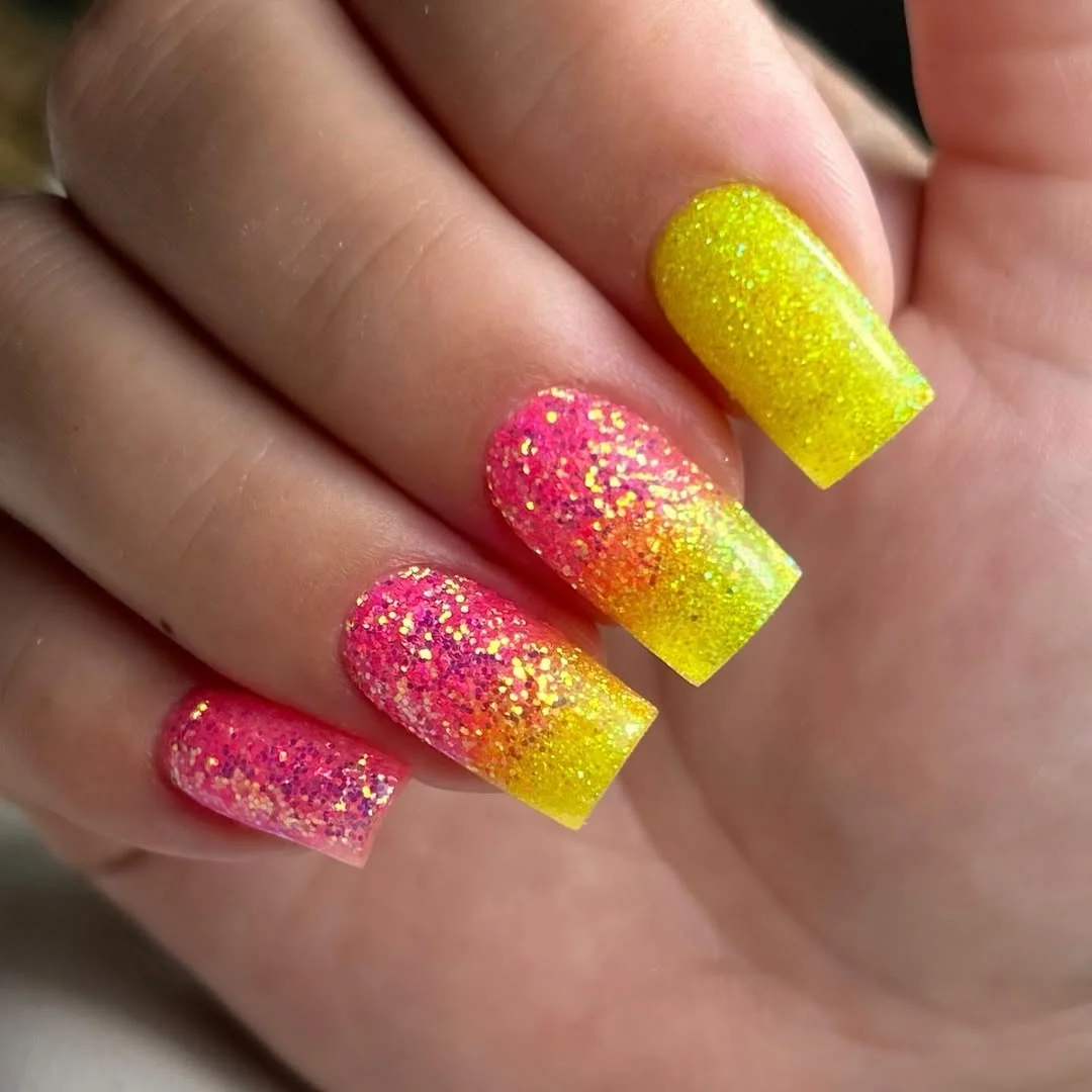 summer glitter nails 2026 Pink And Yellow Glitter Square Ombre Nails
