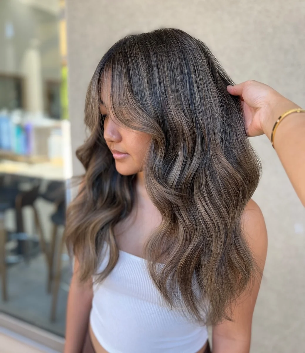 summer hair color ideas 2026 Muted Mushroom Brunette With Soft Curtain Layers