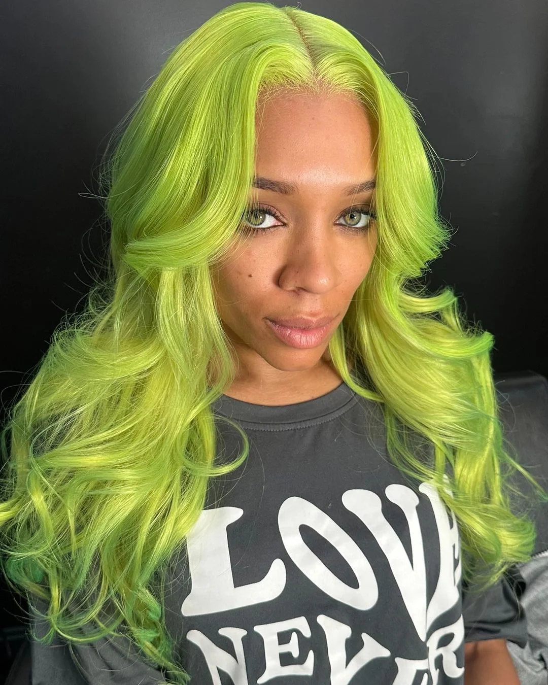 summer hair color ideas 2026 Neon Lime Waves With A Glossy Center Part