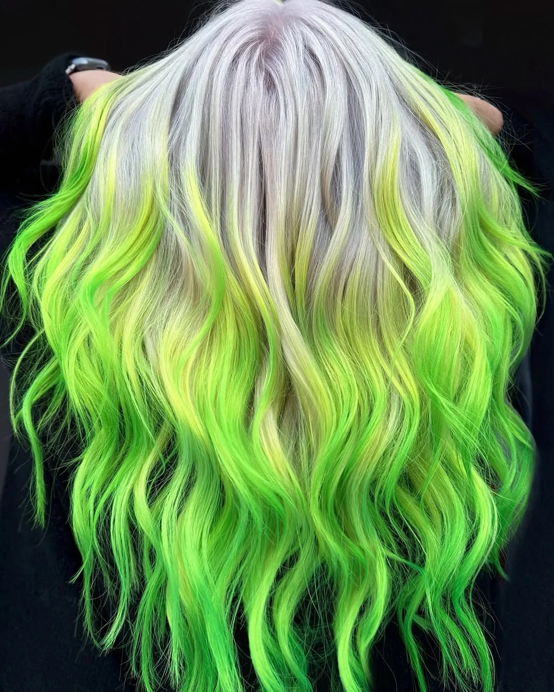 summer hair color ideas 2026 Platinum Blonde With Neon Green Melted Ends
