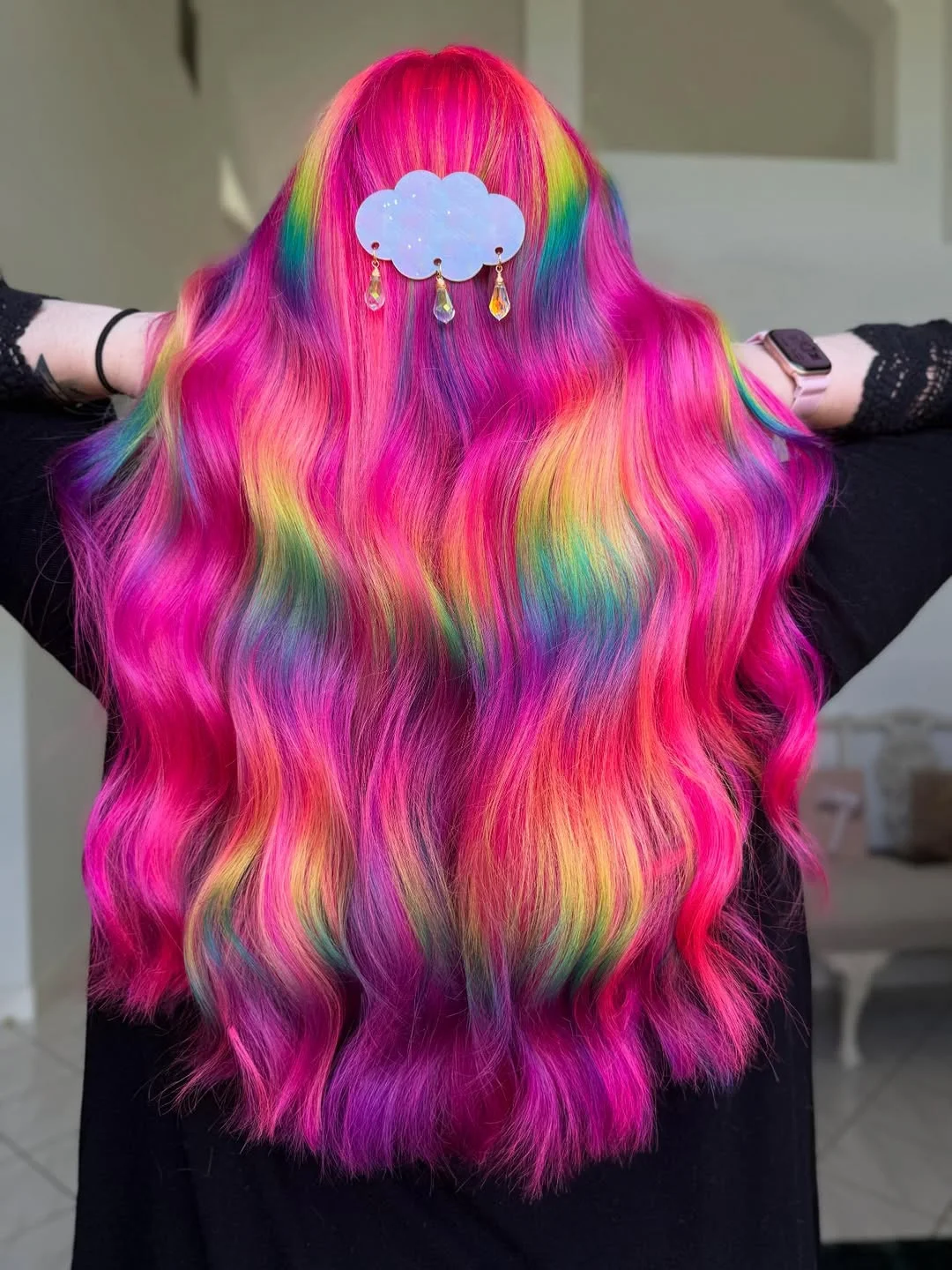 summer hair color ideas 2026 Hot Pink Rainbow Waves With Candy-Bright Dimension