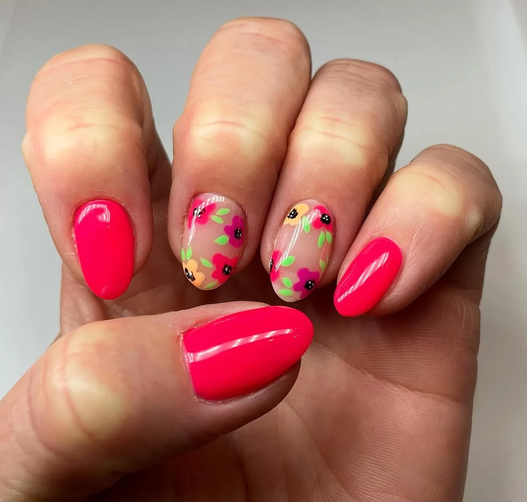 summer manicure color ideas 2026 Hot Pink Almond Nails With Tiny Summer Florals